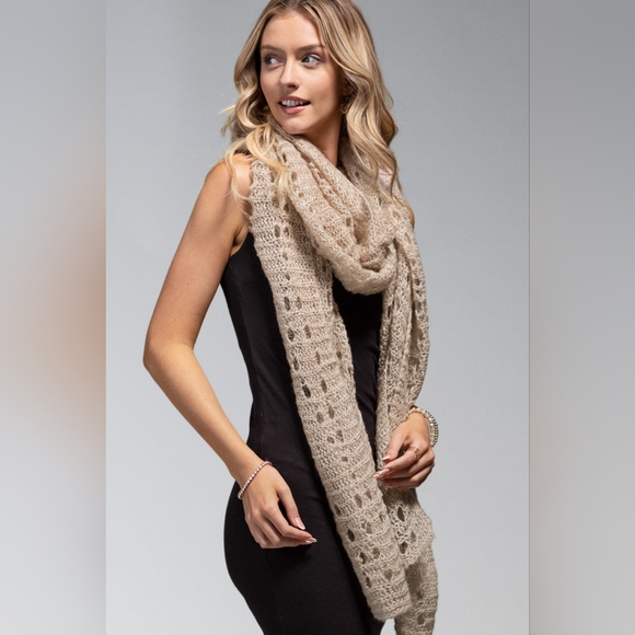 Oatmeal Soft Comfy Open Knit Scarf w/ Eyelet Accent & Moderate Stretch - Picture 3 of 5